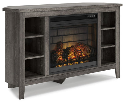 Arlenbry - Gray - Corner TV Stand With Faux Firebrick Fireplace Insert.