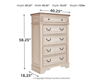 Realyn - White / Brown / Beige - Five Drawer Chest.