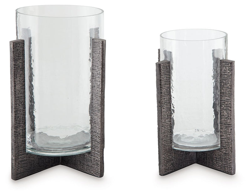 Garekton - Clear / Pewter Finish - Candle Holder Set (Set of 2).