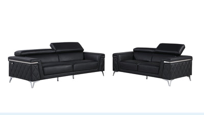 1140 - Top Grain Italian Leather Living Room Set - Black.