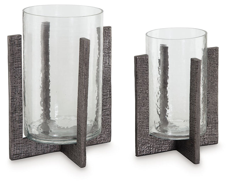 Garekton - Clear / Pewter Finish - Candle Holder Set (Set of 2).