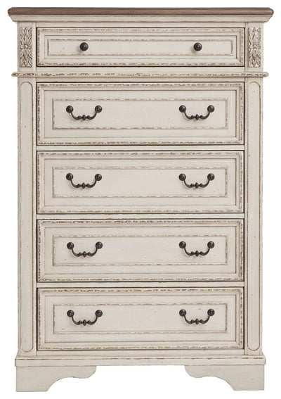 Realyn - White / Brown / Beige - Five Drawer Chest.