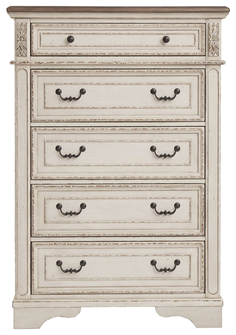 Realyn - White / Brown / Beige - Five Drawer Chest.