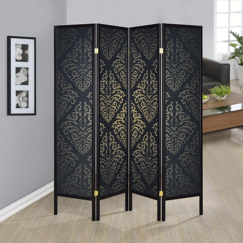 Haidera - 4-panel Damask Pattern Folding Screen - Black - Room Dividers - Grand Furniture GA