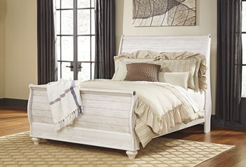 Willowton - Whitewash - Queen Sleigh Rails With Faux Plank Design.