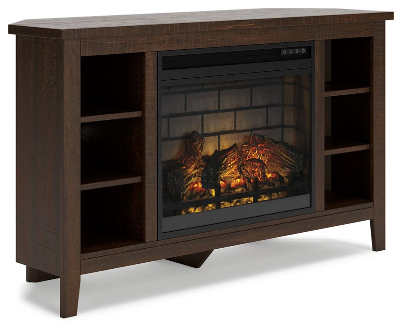 Camiburg - Warm Brown - Corner TV Stand With Faux Firebrick Fireplace Insert.