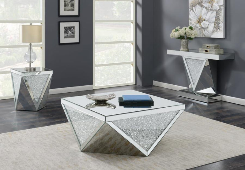 Amore - Square Coffee Table With Triangle Detailing - Silver And Clear Mirror - Grand Furniture GA