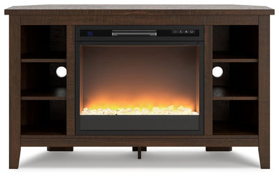 Camiburg - Warm Brown - Corner TV Stand With Fireplace Insert Glass/Stone.