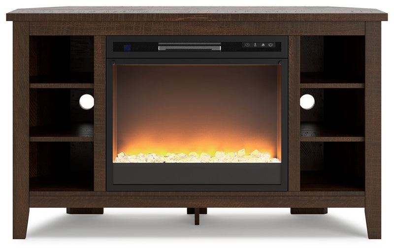 Camiburg - Warm Brown - Corner TV Stand With Fireplace Insert Glass/Stone.