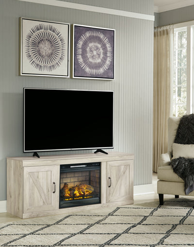 Bellaby - Whitewash - TV Stand With Faux Firebrick Fireplace Insert.