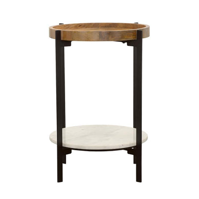 Adhvik - Round Accent Table With Marble Shelf - Natural and Black.