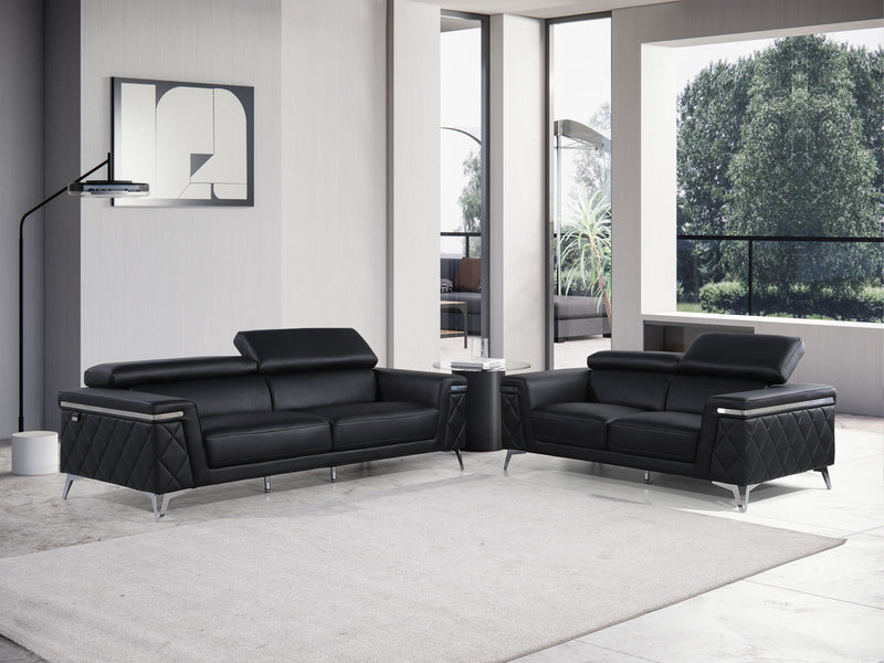 1140 - Top Grain Italian Leather Living Room Set - Black.