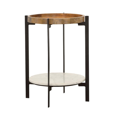 Adhvik - Round Accent Table With Marble Shelf - Natural and Black.