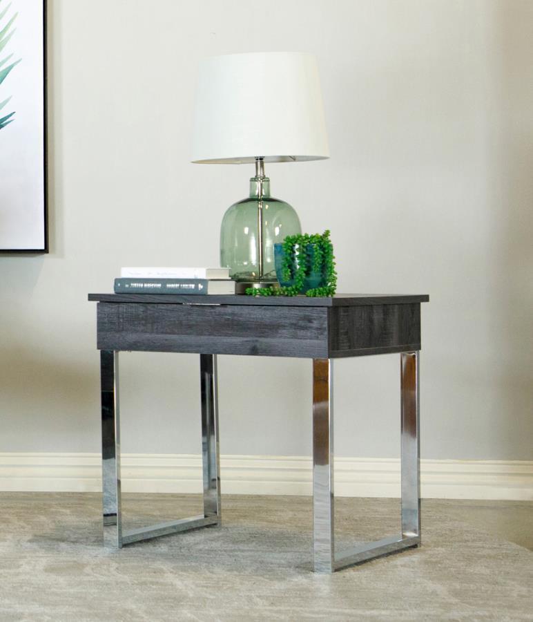 Baines - Square 1-Drawer End Table - Dark Charcoal and Chrome.