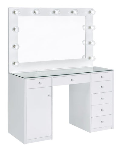 Percy - 7-Drawer Glass Top Vanity Desk With Lighting - White.