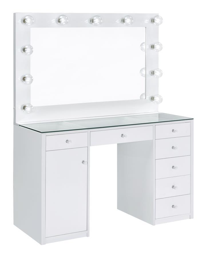 Percy - 7-Drawer Glass Top Vanity Desk With Lighting - White.