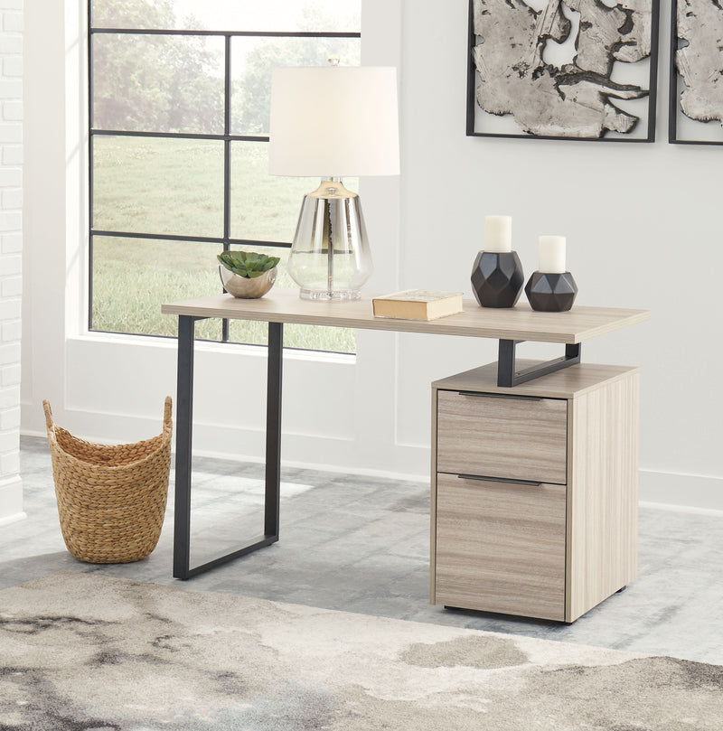 Waylowe - Natural / Black - Home Office Desk With Double Drawers.