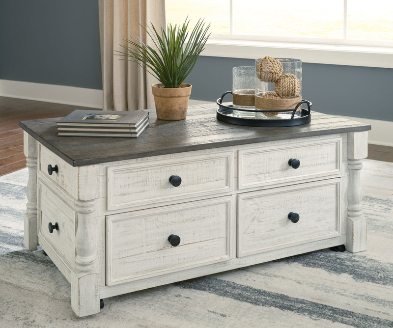 Havalance - White / Gray - Lift Top Cocktail Table With Storage Drawers.