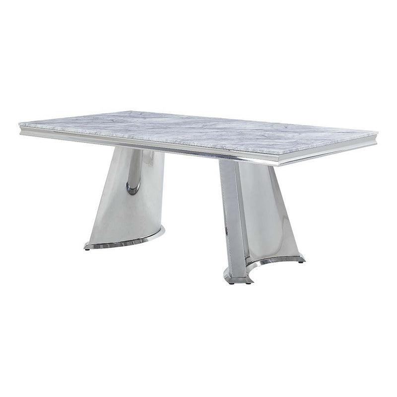 Destry Dining Table - Faux Marble Top & Mirrored Silver Finish - Grand Furniture GA