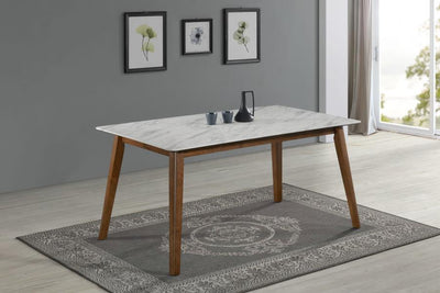 Everett - Faux Marble Top Dining Table - Natural Walnut and White.