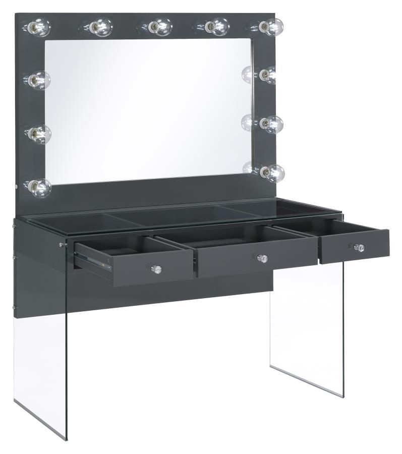 Afshan - 3-Drawer Vanity Desk With Lighting Mirror - Grey High Gloss.