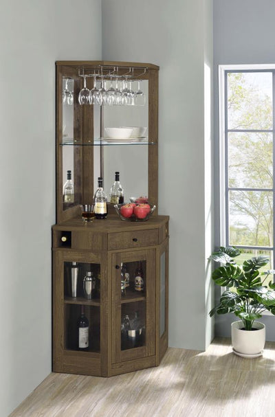 Alviso - Corner Bar Cabinet With Stemware Rack - Rustic Oak - Grand Furniture GA