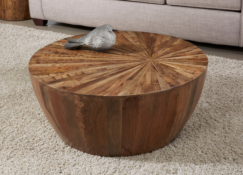 Del Sol - Solid Wood Table With Offset Sunburst Patterned Top.