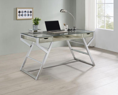 Emelle - 2-Drawer Glass Top Writing Desk - Gray Driftwood And Chrome - Grand Furniture GA
