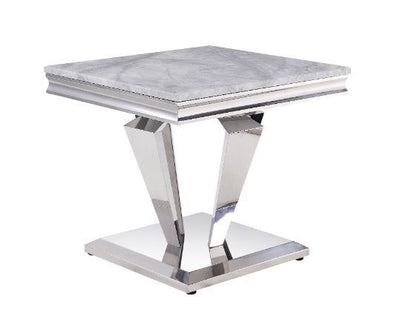 Satinka - End Table - Light Gray Printed Faux Marble & Mirrored Silver Finish - Grand Furniture GA