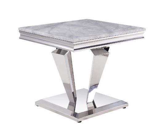 Satinka - End Table - Light Gray Printed Faux Marble & Mirrored Silver Finish - Grand Furniture GA