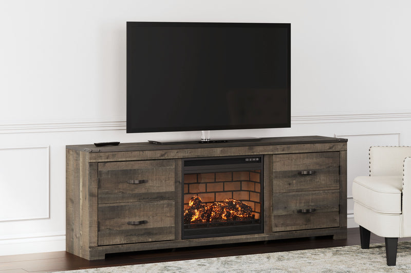 Trinell - Brown - 72" TV Stand With Faux Firebrick Fireplace Insert.