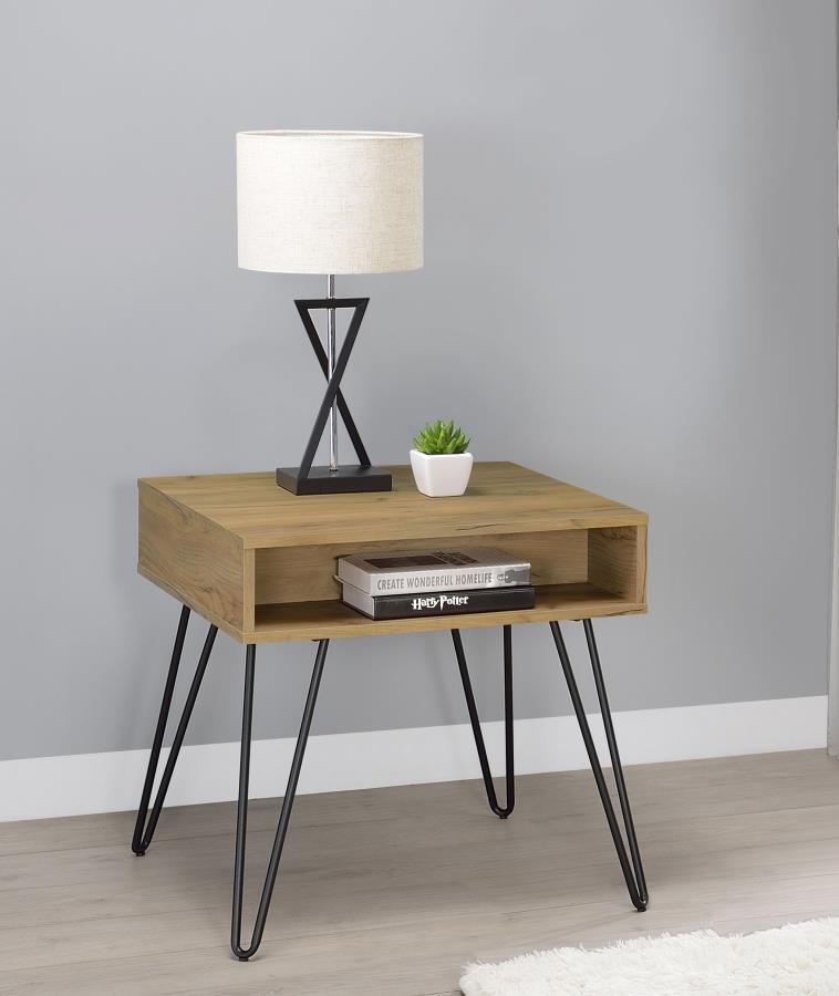 Fanning - Square End Table With Open Compartment - Golden Oak and Black.