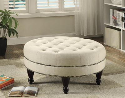 Elchin - Round Upholstered Tufted Ottoman - Oatmeal.