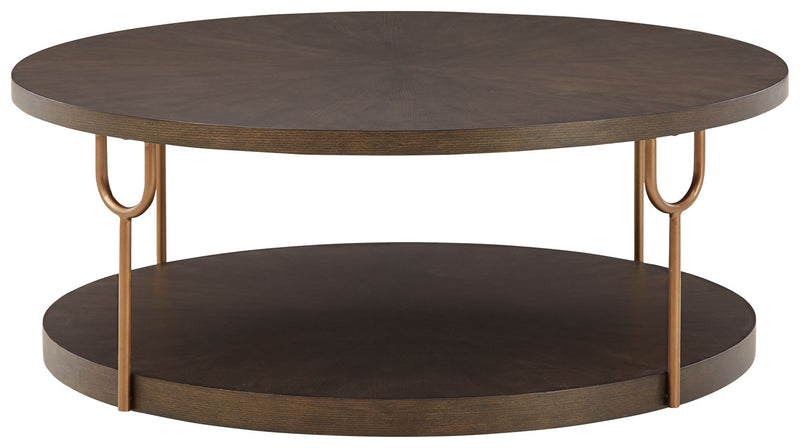 Brazburn - Dark Brown / Gold Finish - Round Cocktail Table.