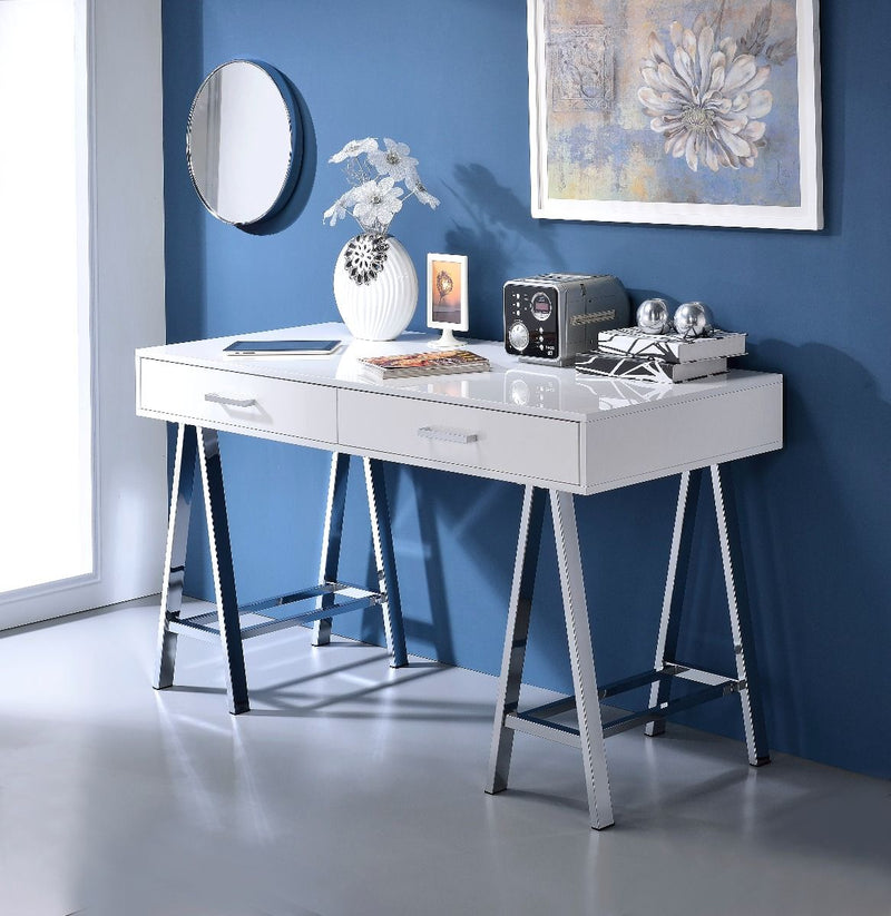 Coleen - Desk - White High Gloss & Chrome Finish - Grand Furniture GA