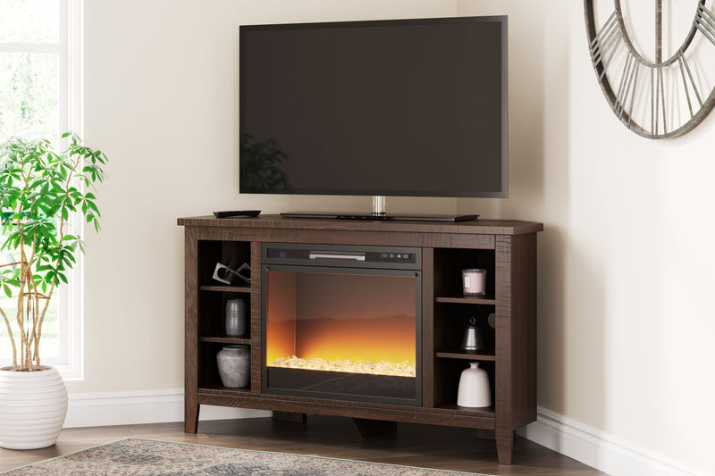 Camiburg - Warm Brown - Corner TV Stand With Fireplace Insert Glass/Stone.