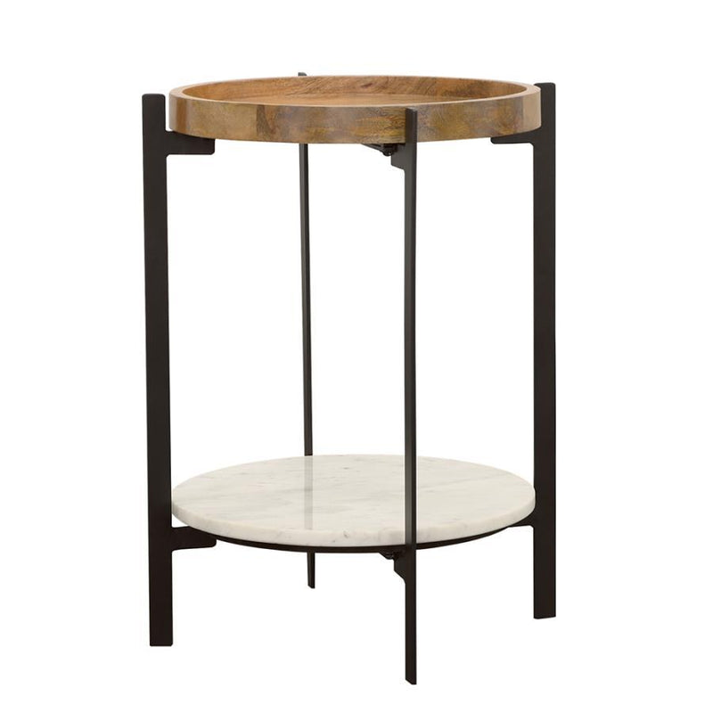 Adhvik - Round Accent Table With Marble Shelf - Natural and Black.