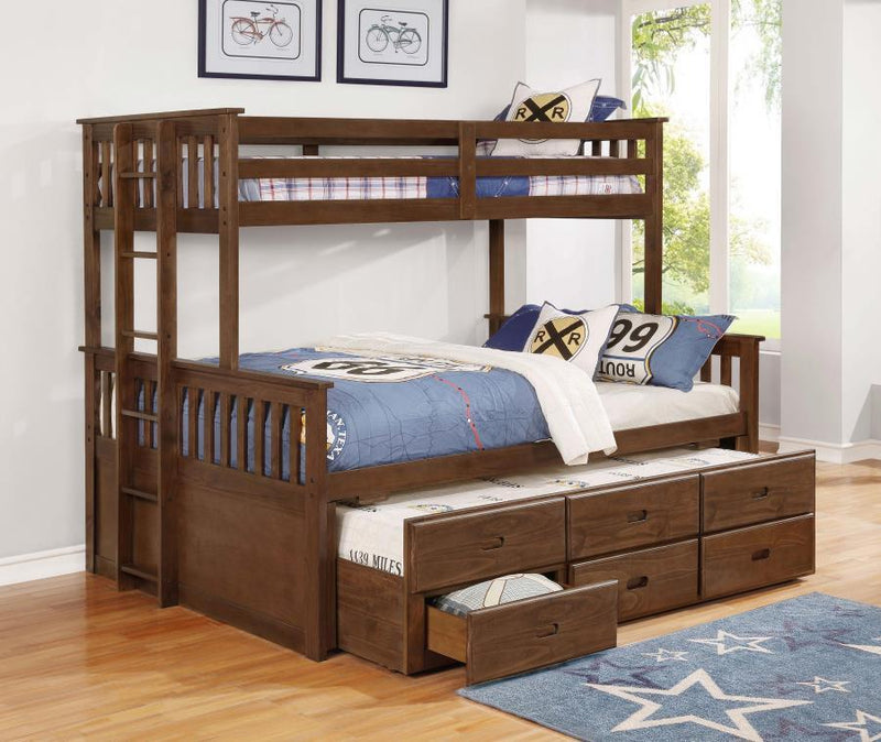 Atkin - Twin Extra Long Over Queen 3-Drawer Bunk Bed - Weathered Walnut.