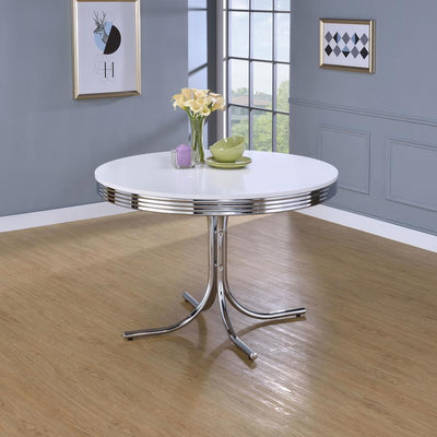 Retro - Round Dining Table - Glossy White and Chrome.