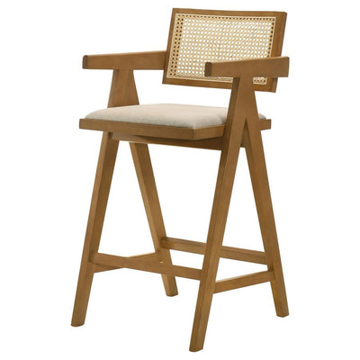 Kane - Solid Wood Bar Stool With Woven Rattan Back and Upholstered Sea (Set of 2) - Light Walnut And Sand