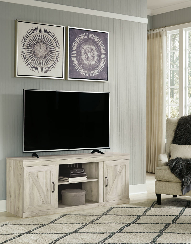 Bellaby - Whitewash - TV Stand With Faux Firebrick Fireplace Insert.