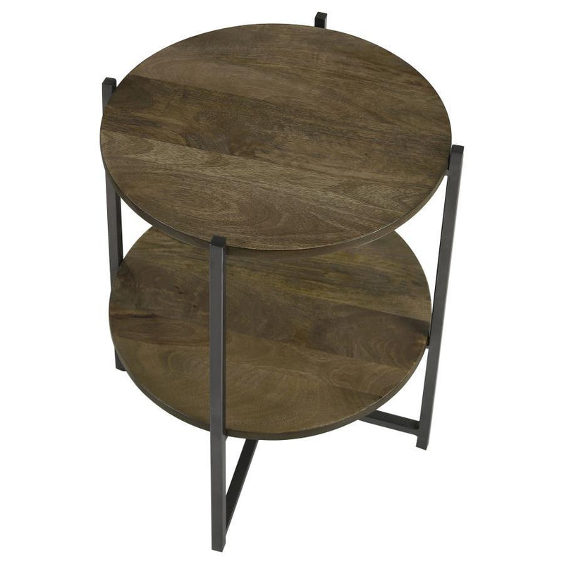 Axel - Round Accent Table With Open Shelf - Natural and Gunmetal.