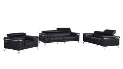 1140 - Top Grain Italian Leather Living Room Set - Black.