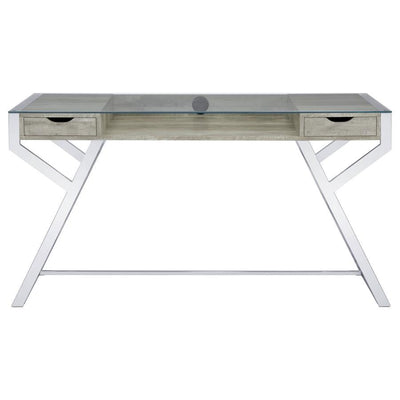 Emelle - 2-Drawer Glass Top Writing Desk - Gray Driftwood And Chrome - Grand Furniture GA