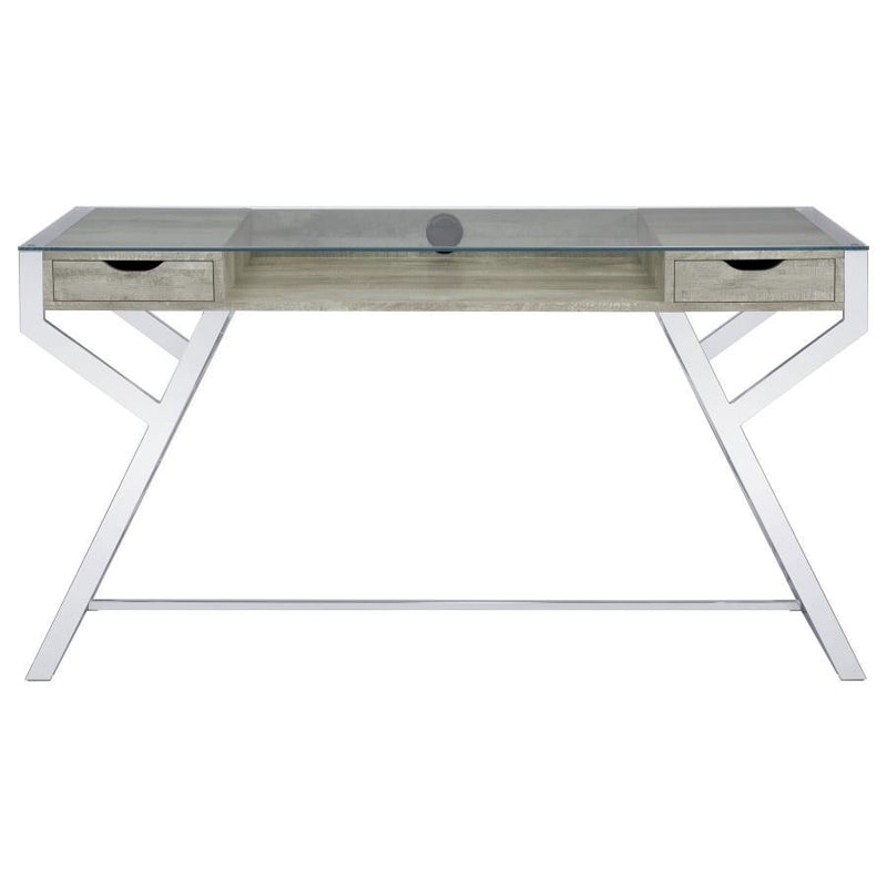 Emelle - 2-Drawer Glass Top Writing Desk - Gray Driftwood And Chrome - Grand Furniture GA