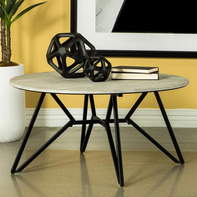 Hadi - Round Coffee Table With Hairpin Legs - Cement and Gunmetal.