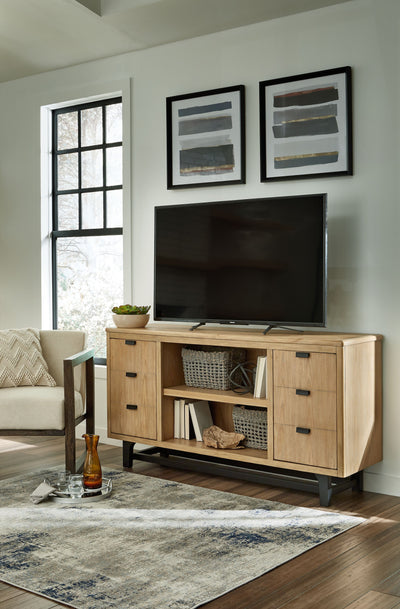 Freslowe - Light Brown / Black - TV Stand With Electric Infrared Fireplace Insert.