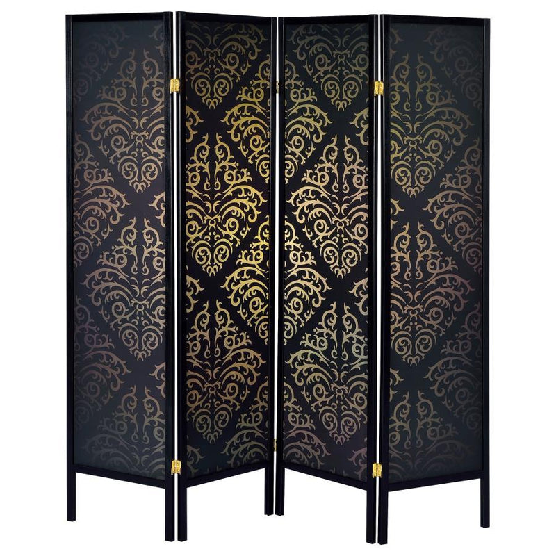 Haidera - 4-panel Damask Pattern Folding Screen - Black - Room Dividers - Grand Furniture GA