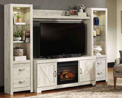 Bellaby - Whitewash - Entertainment Center - TV Stand With Faux Firebrick Fireplace Insert.