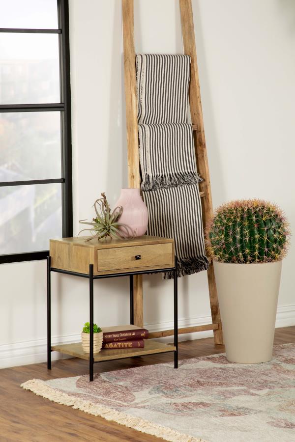 Declan - 1-Drawer Accent Table With Open Shelf - Natural Mango and Black.